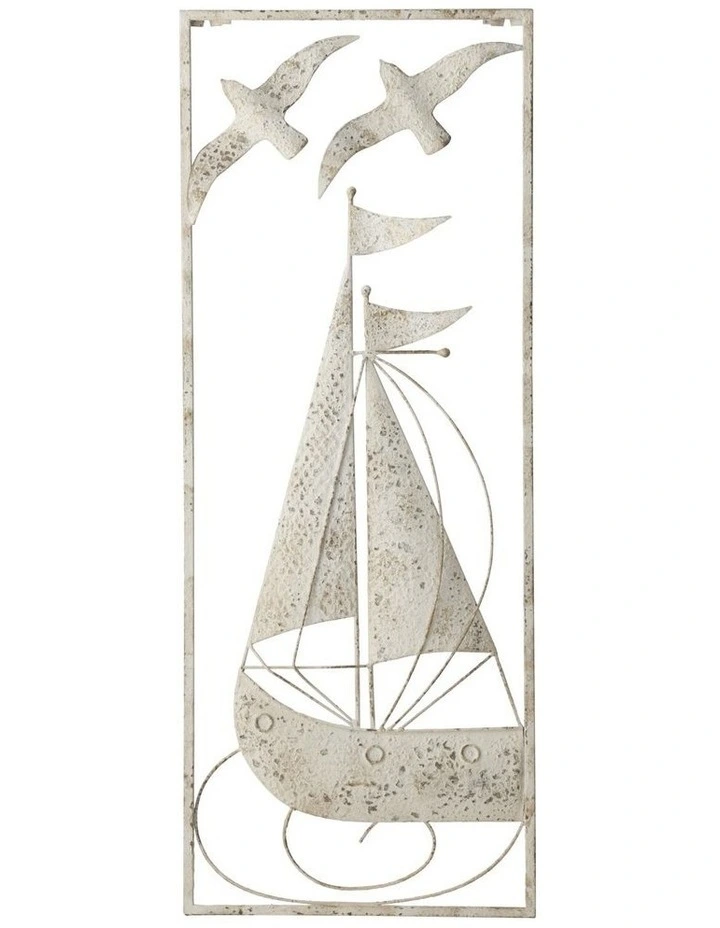 Willow & Silk Metal 90cm Distressed Finish Sail Boat w/ Seagulls Wall Art image 1