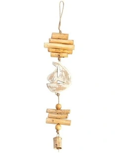 Willow & Silk Handmade 52cm Wooden Hanging Sailboat w/ Bell Decor