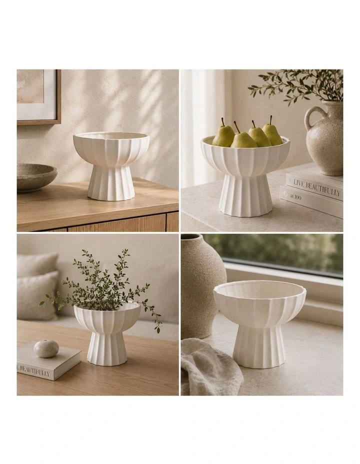 Vela Fluted White Ceramic Pedestal Bowl | 23cm image 2