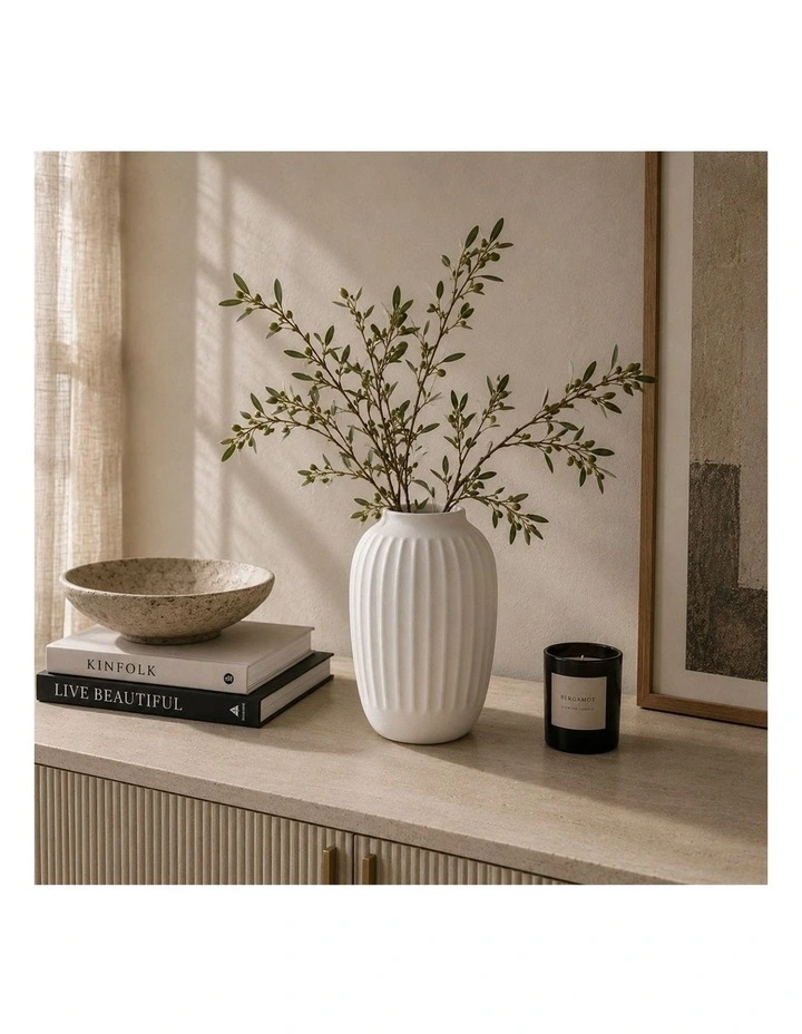 Vela Fluted White Ceramic Decorative Vase | 27cm image 2