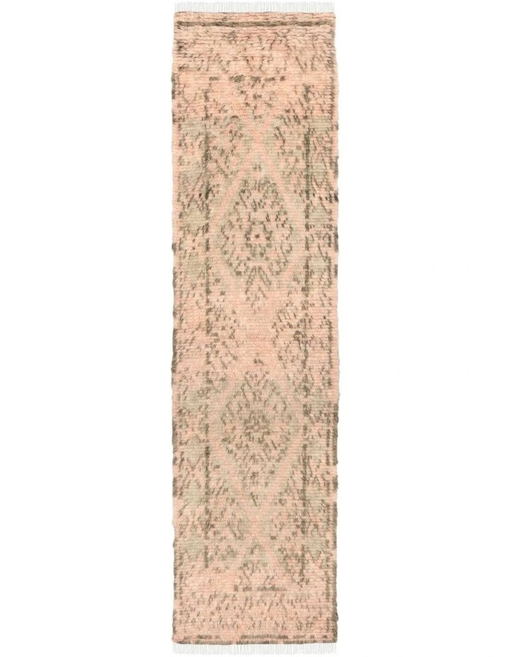 MISS AMARA  MONIKA PEACH AND GREEN ABSTRACT DIAMOND WOOL RUNNER RUG image 1