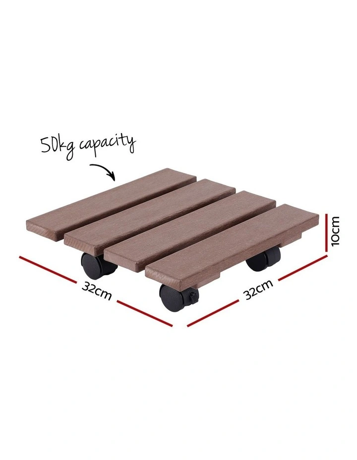 Gardeon 2PC Rolling Plant Caddy Set HDPE Lockable Wheels Brown image 2