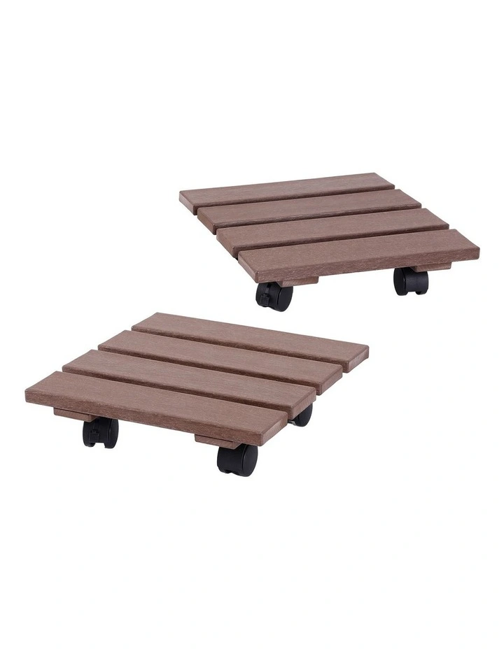 Gardeon 2PC Rolling Plant Caddy Set HDPE Lockable Wheels Brown image 3