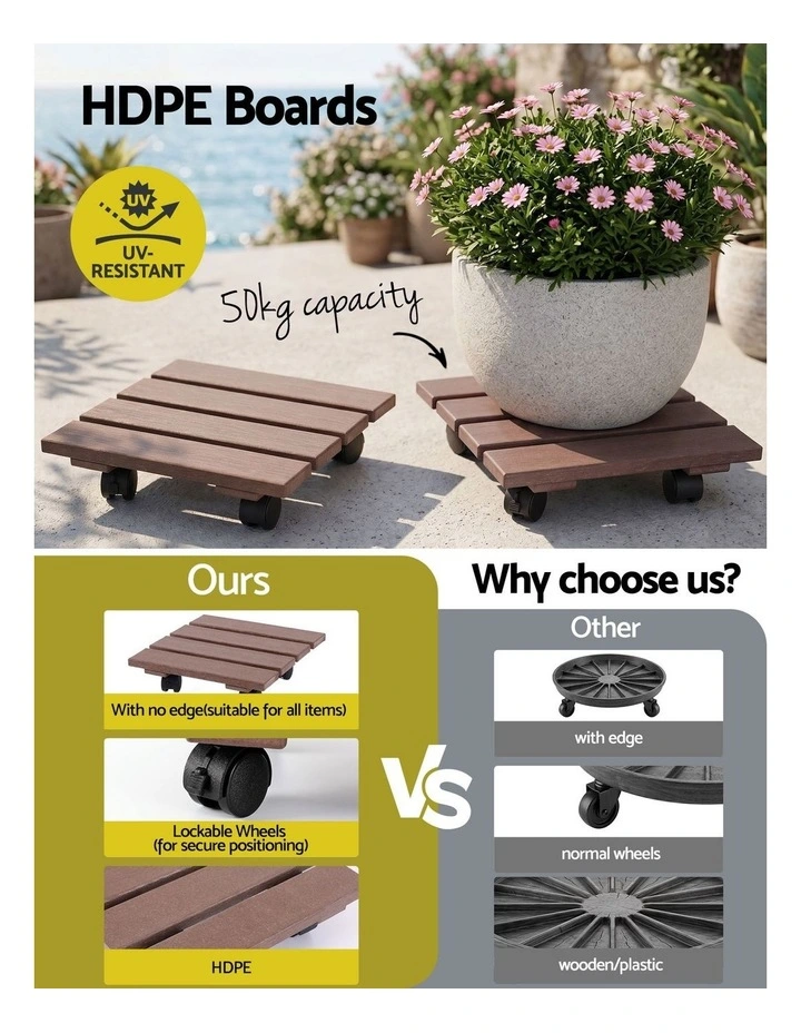 Gardeon 2PC Rolling Plant Caddy Set HDPE Lockable Wheels Brown image 4