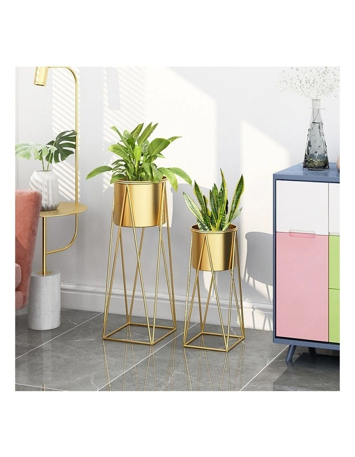 SOGA 70cm Gold Metal Plant Stand with Gold Flower Pot Holder Corner Shelving image 3