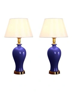 SOGA 2 Pack Blue Oval Ceramic Table Lamps with Gold Bases