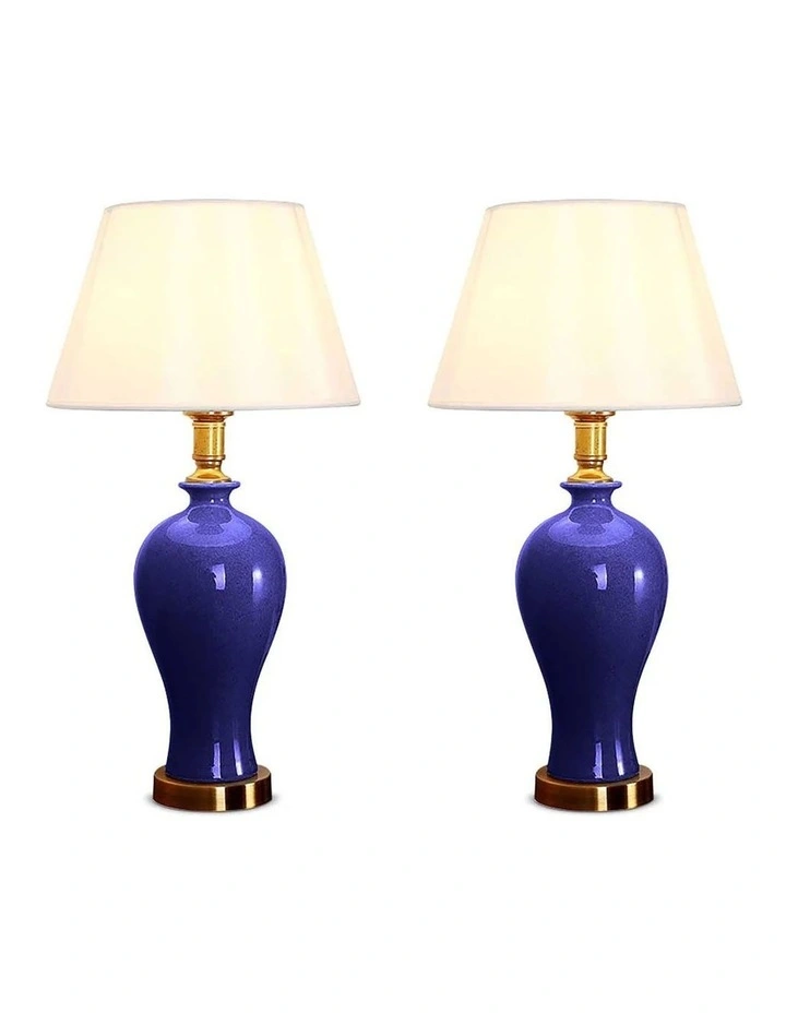 SOGA 2 Pack Blue Oval Ceramic Table Lamps with Gold Bases image 1