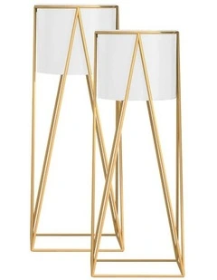 SOGA 2X 50cm Gold Metal Plant Stand with White Flower Pot Holder Corner Shelving Rack Indoor Display