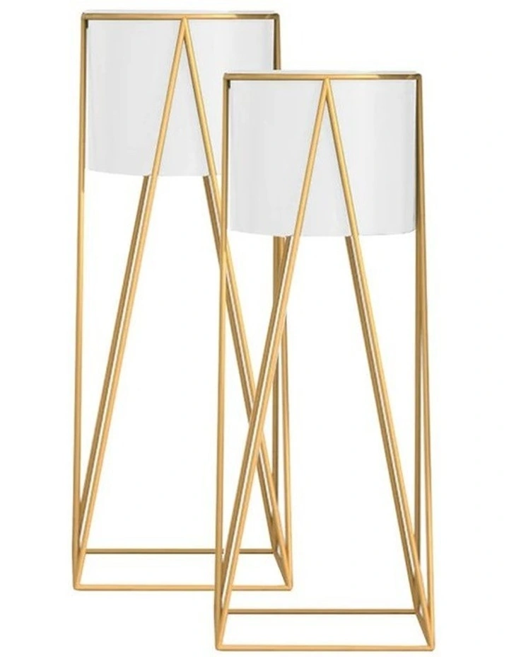 SOGA 2X 50cm Gold Metal Plant Stand with White Flower Pot Holder Corner Shelving Rack Indoor Display image 1