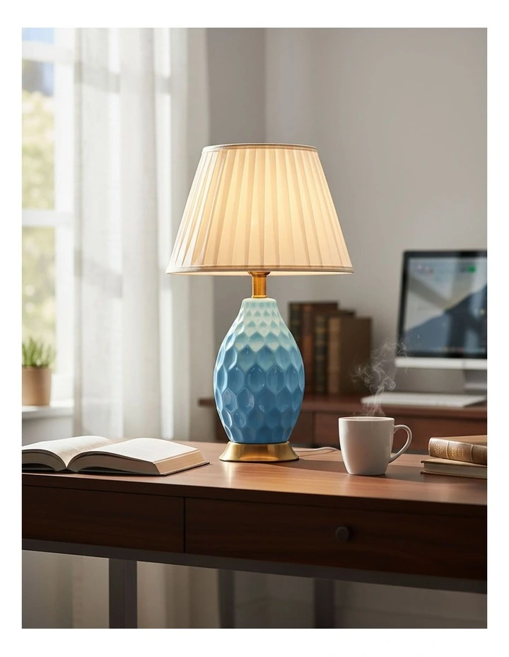 SOGA Blue Textured Ceramic Table Lamp with Gold Base image 4