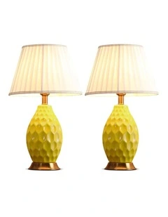 SOGA 2 Pack Yellow Textured Ceramic Table Lamps with Gold Bases