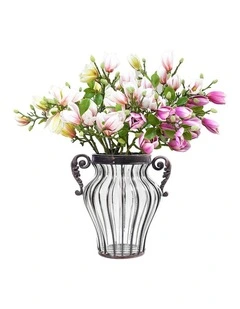 SOGA Clear Glass Vase with 6 Bunches 4-Head Silk Magnolia Decor Set