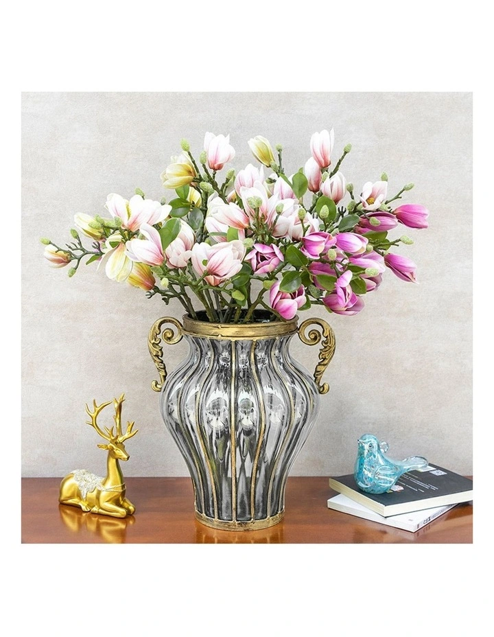 SOGA Clear Glass Vase with 6 Bunches 4-Head Silk Magnolia Decor Set image 5