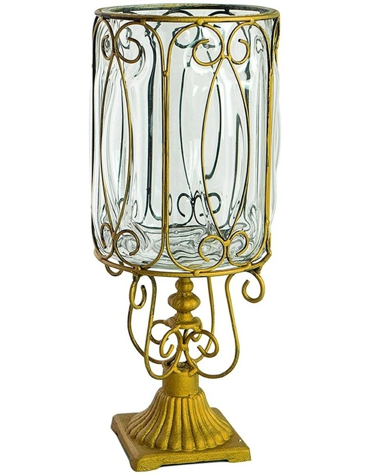 SOGA European Clear Glass Cylinder Flower Vase Solid Base with Gold Metal Pattern image 1
