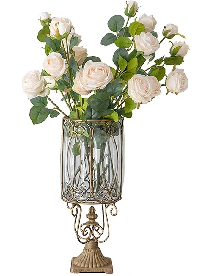 SOGA European Clear Glass Cylinder Flower Vase Solid Base with Gold Metal Pattern image 2