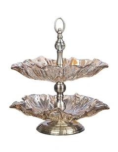 SOGA 2 Tier Bronze Crystal Glass Fruit Bowl Dessert Stand