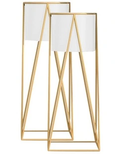 SOGA 2X 70cm Gold Metal Plant Stand with White Flower Pot Holder Corner Shelving Rack Indoor Display