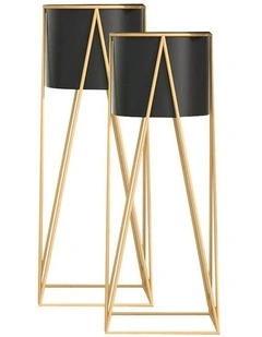 SOGA 2X 70cm Gold Metal Plant Stand with Black Flower Pot Holder Corner Shelving Rack Indoor Display