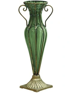 SOGA 47cm Tall Green Glass Vase with Gold Handles