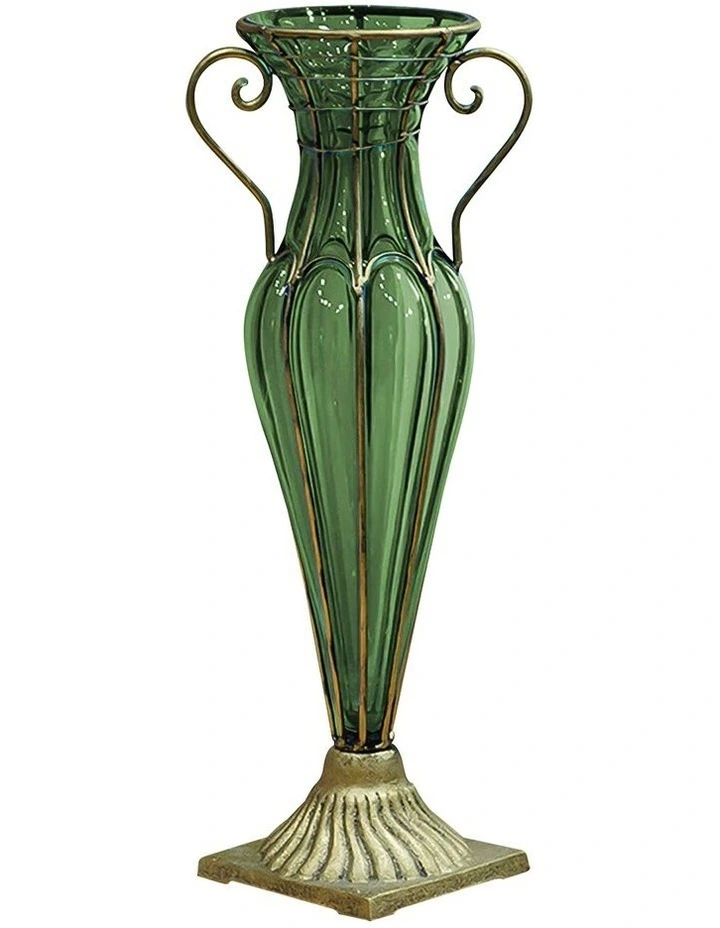 SOGA 47cm Tall Green Glass Vase with Gold Handles image 1