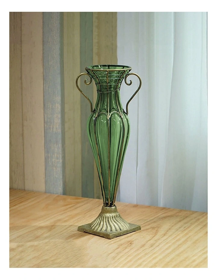 SOGA 47cm Tall Green Glass Vase with Gold Handles image 5