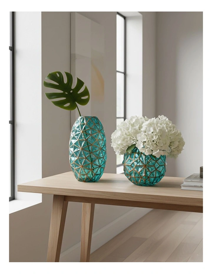 SOGA 2X Green Diamond Cut Glass Flower Vase Set Gold Accent Large Medium Home Decor image 3