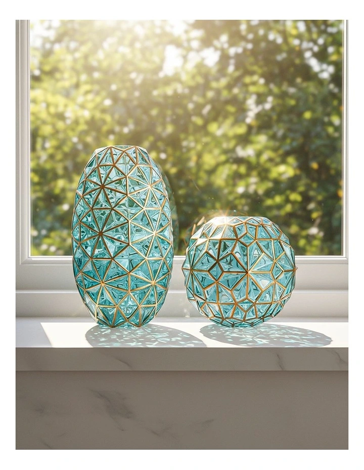 SOGA 2X Green Diamond Cut Glass Flower Vase Set Gold Accent Large Medium Home Decor image 4