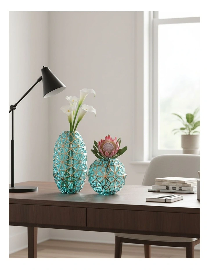 SOGA 2X Green Diamond Cut Glass Flower Vase Set Gold Accent Large Medium Home Decor image 6