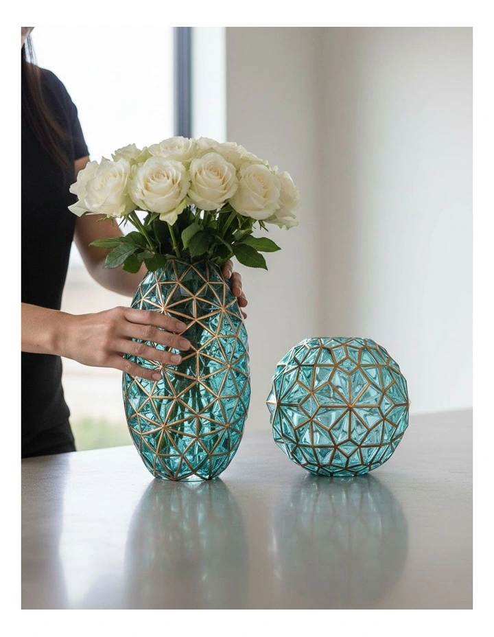 SOGA 2X Green Diamond Cut Glass Flower Vase Set Gold Accent Large Medium Home Decor image 7