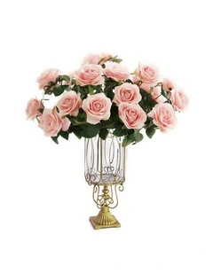 SOGA Clear Glass Cylinder Vase with 4 Bunches 9-Head Silk Rose Set