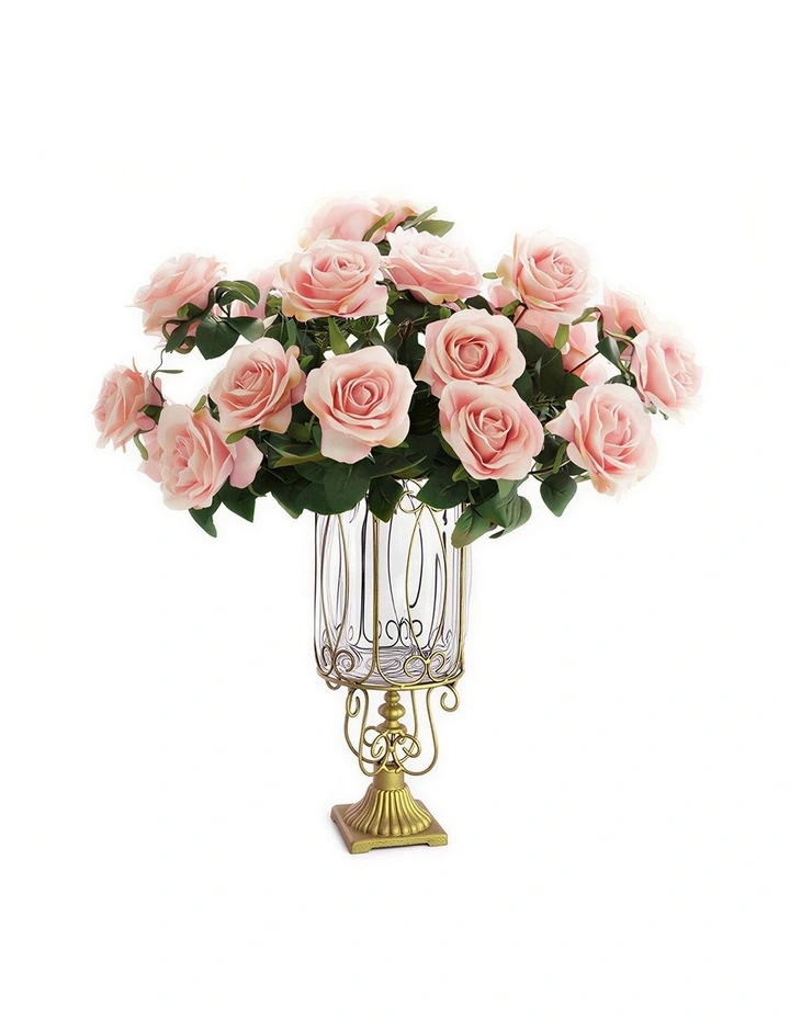 SOGA Clear Glass Cylinder Vase with 4 Bunches 9-Head Silk Rose Set image 1