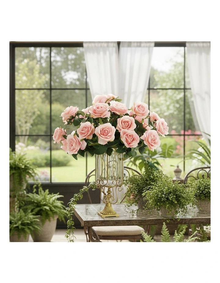 SOGA Clear Glass Cylinder Vase with 4 Bunches 9-Head Silk Rose Set image 3