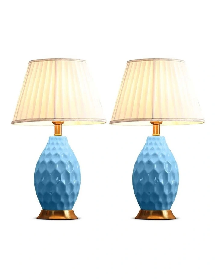 SOGA 2 Pack Blue Textured Ceramic Table Lamps with Gold Bases image 1