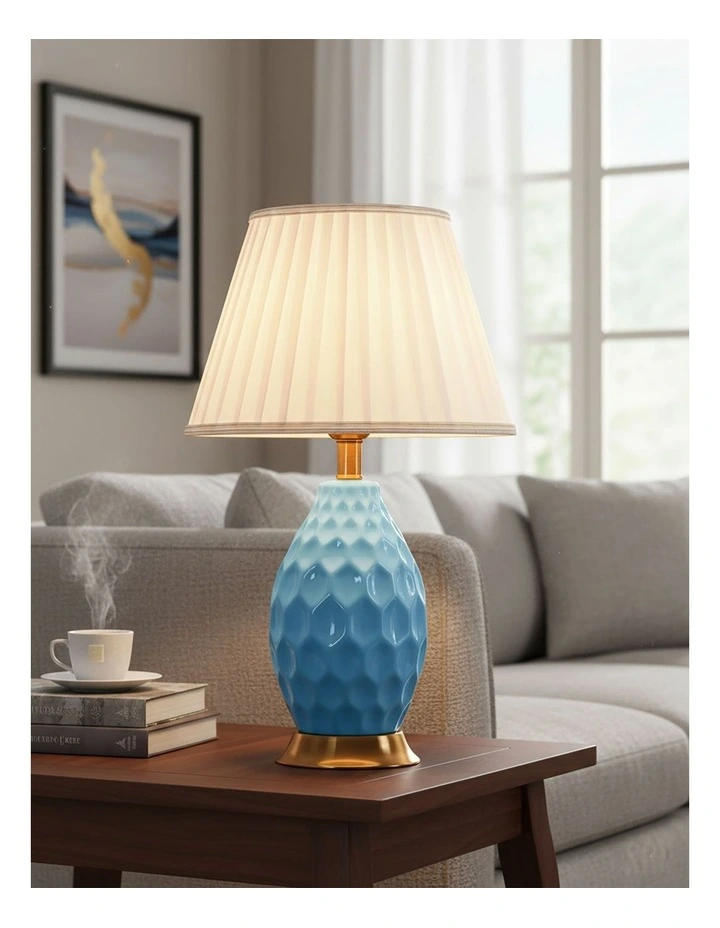 SOGA 2 Pack Blue Textured Ceramic Table Lamps with Gold Bases image 2