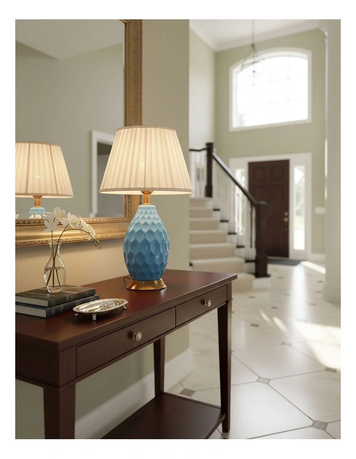 SOGA 2 Pack Blue Textured Ceramic Table Lamps with Gold Bases image 3