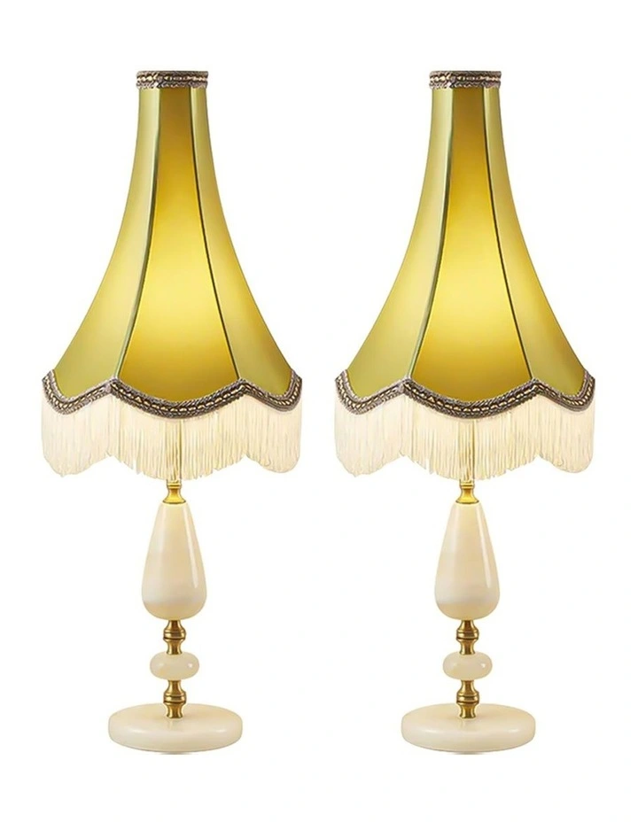 SOGA 2 Pack Yellow Vintage Jade Stone Table Lamps with Tassel Shades image 1