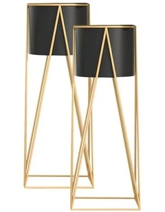 SOGA 2X 50cm Gold Metal Plant Stand with Black Flower Pot Holder Corner Shelving Rack Indoor Display