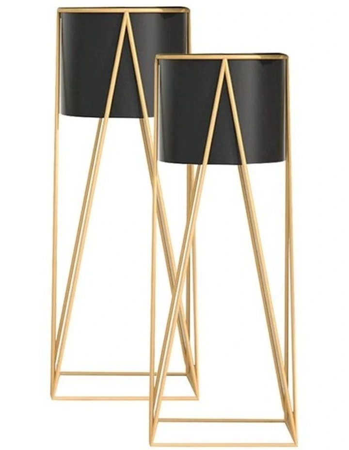 SOGA 2X 50cm Gold Metal Plant Stand with Black Flower Pot Holder Corner Shelving Rack Indoor Display image 1
