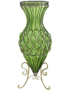 SOGA 67cm Tall Green Glass Floor Vase with Metal Stand