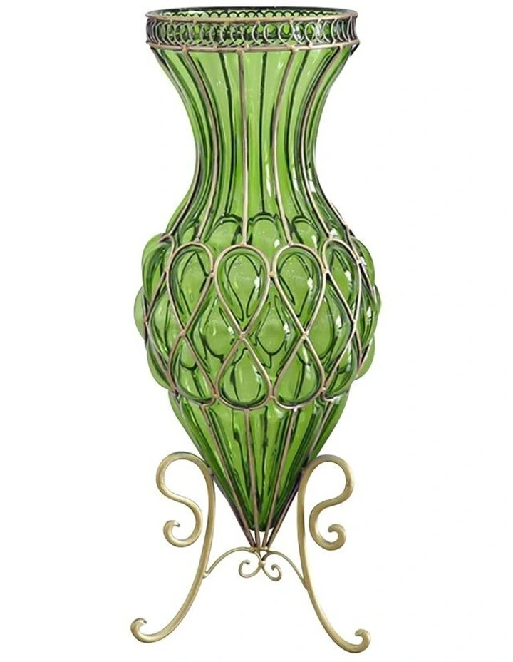 SOGA 67cm Tall Green Glass Floor Vase with Metal Stand image 1