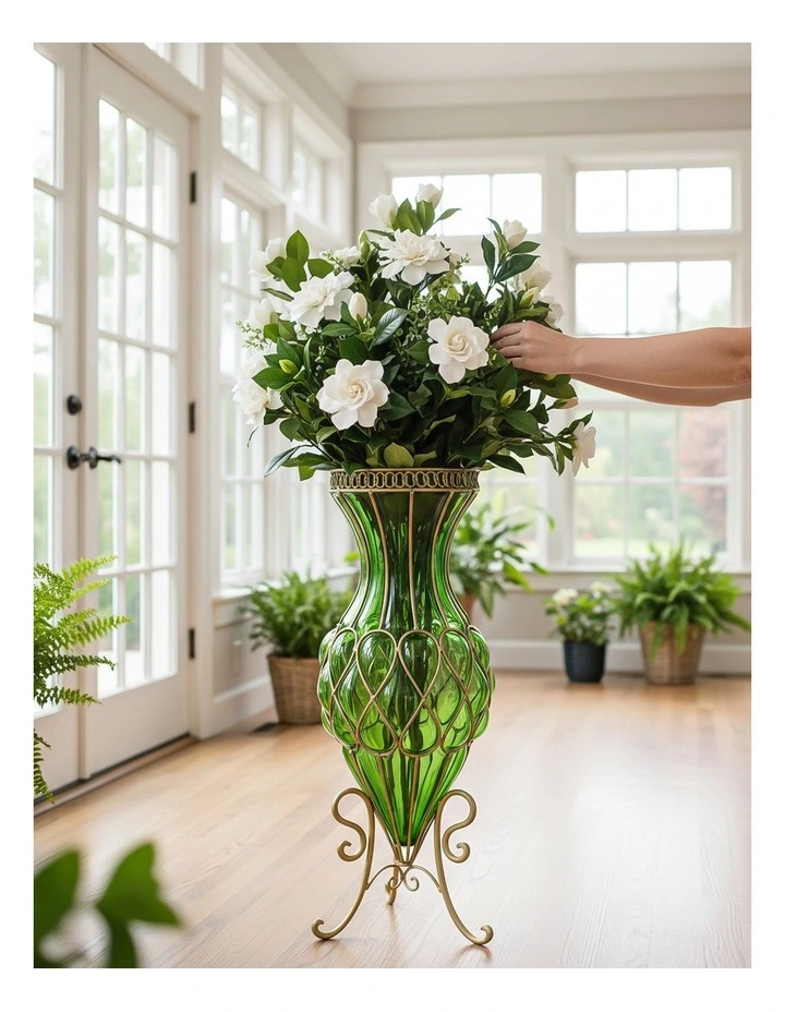 SOGA 67cm Tall Green Glass Floor Vase with Metal Stand image 7