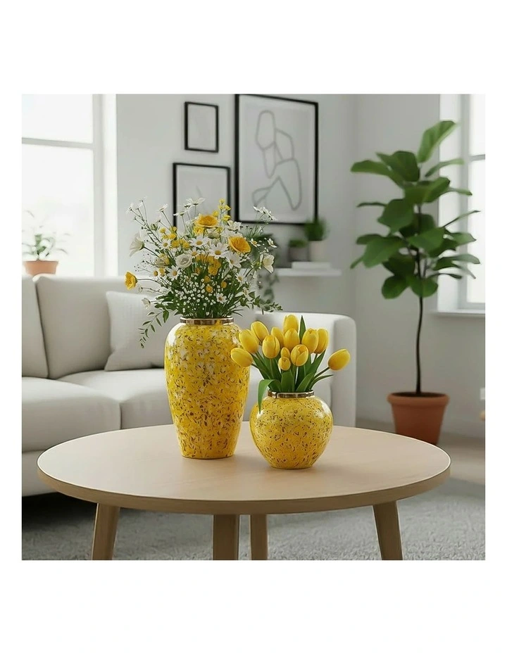 SOGA Yellow & White Mini Floral Ceramic Vase Set Home Decor image 5