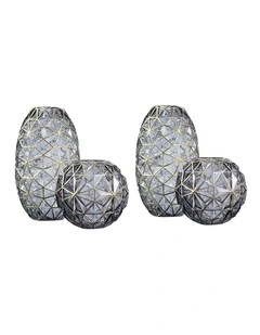 SOGA 2X Grey Diamond Cut Glass Flower Vase Set Gold Accent Home Decor