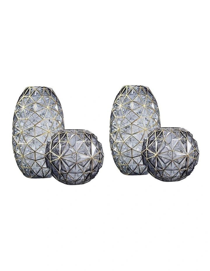 SOGA 2X Grey Diamond Cut Glass Flower Vase Set Gold Accent Home Decor image 1