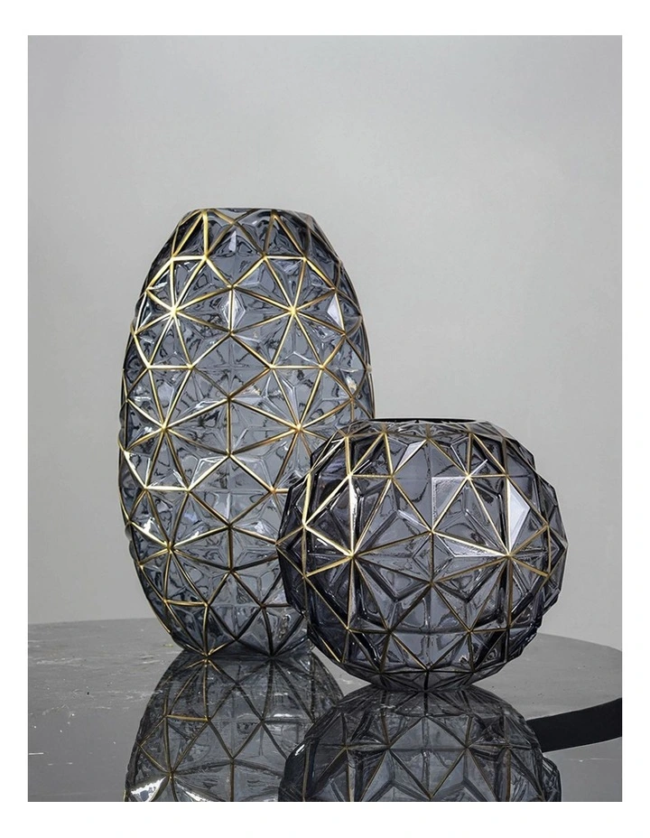 SOGA 2X Grey Diamond Cut Glass Flower Vase Set Gold Accent Home Decor image 3