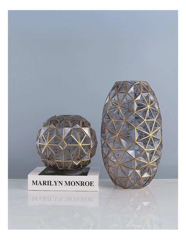 SOGA 2X Grey Diamond Cut Glass Flower Vase Set Gold Accent Home Decor image 4