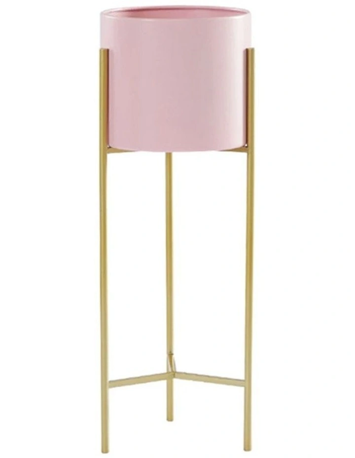 SOGA 42cm 2-Tier Gold Metal Plant Stand with Pink Pot for Indoor Display image 1