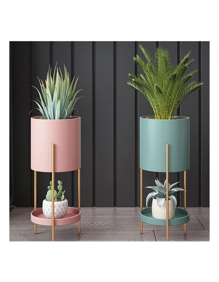 SOGA 42cm 2-Tier Gold Metal Plant Stand with Pink Pot for Indoor Display image 3