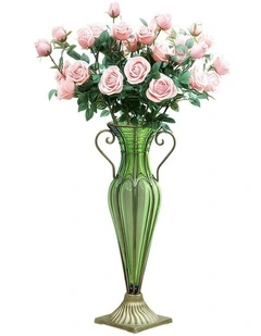 SOGA Green Glass Flower Vase with Silk Rose Arrangement Decor Set