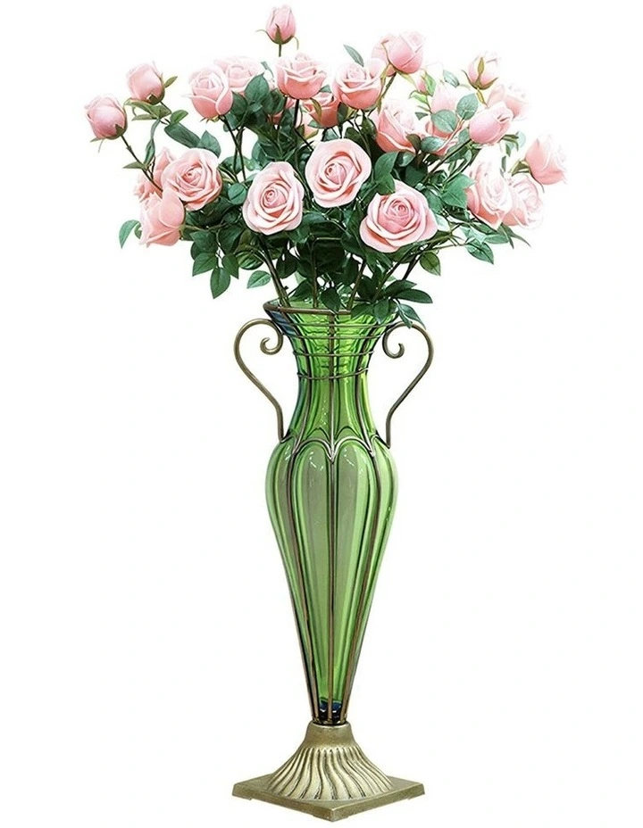 SOGA Green Glass Flower Vase with Silk Rose Arrangement Decor Set image 1